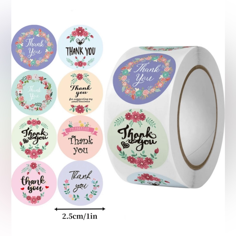 1 Roll, 500 pcs 1” Floral Thank You Label for Gift Bags and Envelopes.